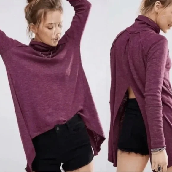 Free People We the Free Split Back Funnel Neck Top Plum Purple Knit Size s - Picture 1 of 12
